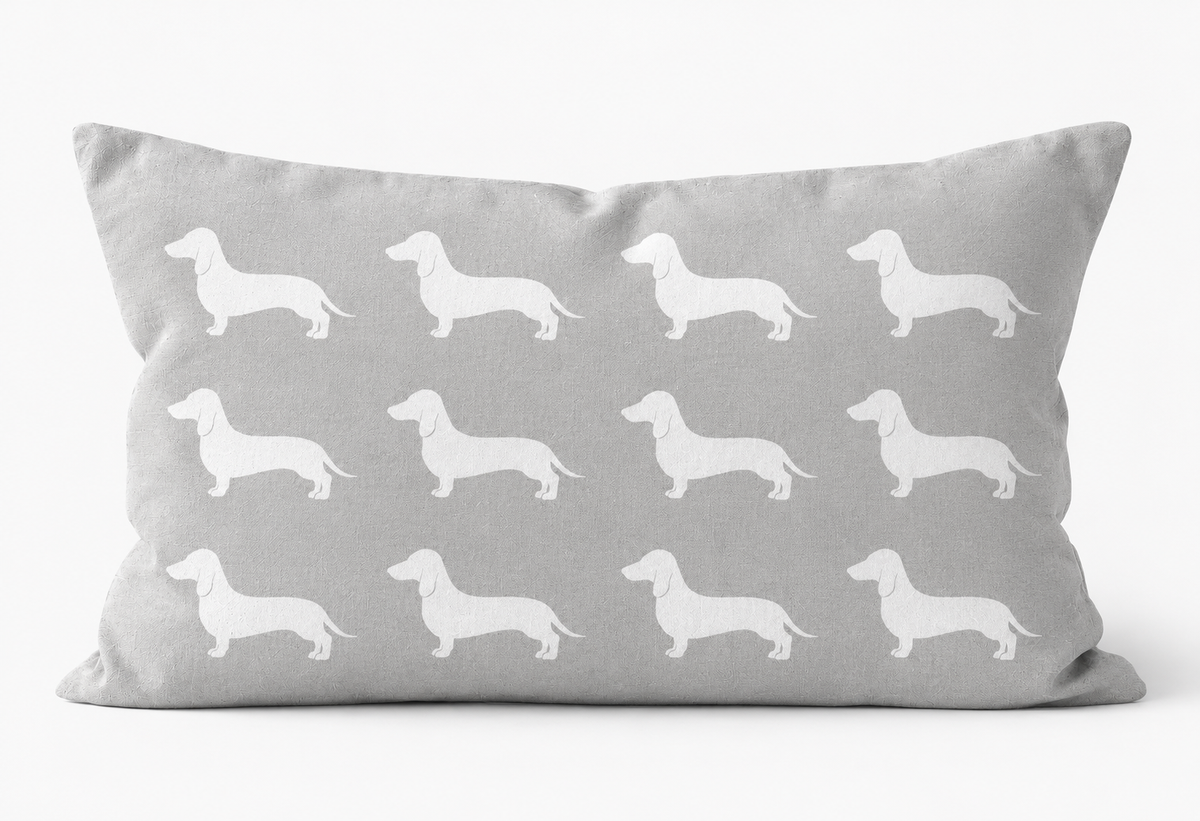 Dachshund Pattern Linen Cushion Grey