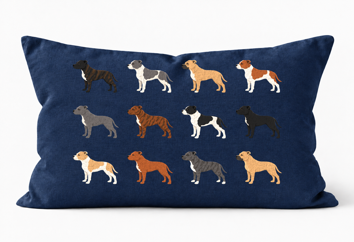 All Types of Staffordshire Bull Terrier Pattern Linen Cushion Navy