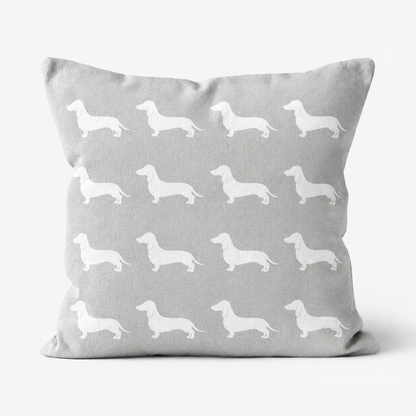 Dachshund Pattern Linen Cushion Grey
