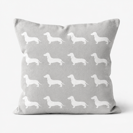 Dachshund Pattern Linen Cushion Grey