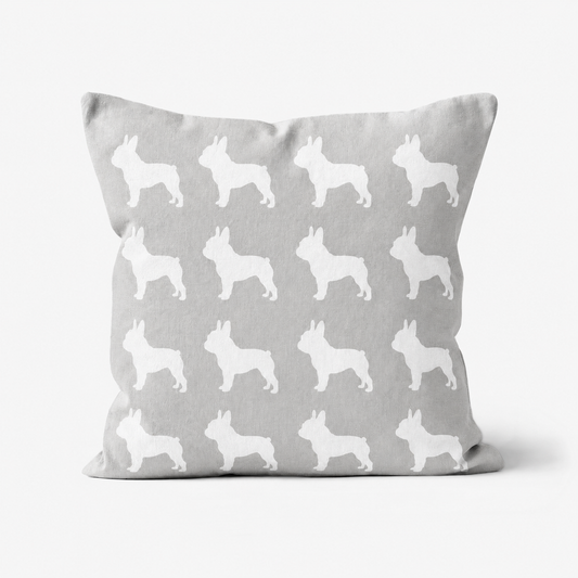 French Bulldog Pattern Linen Cushion Grey