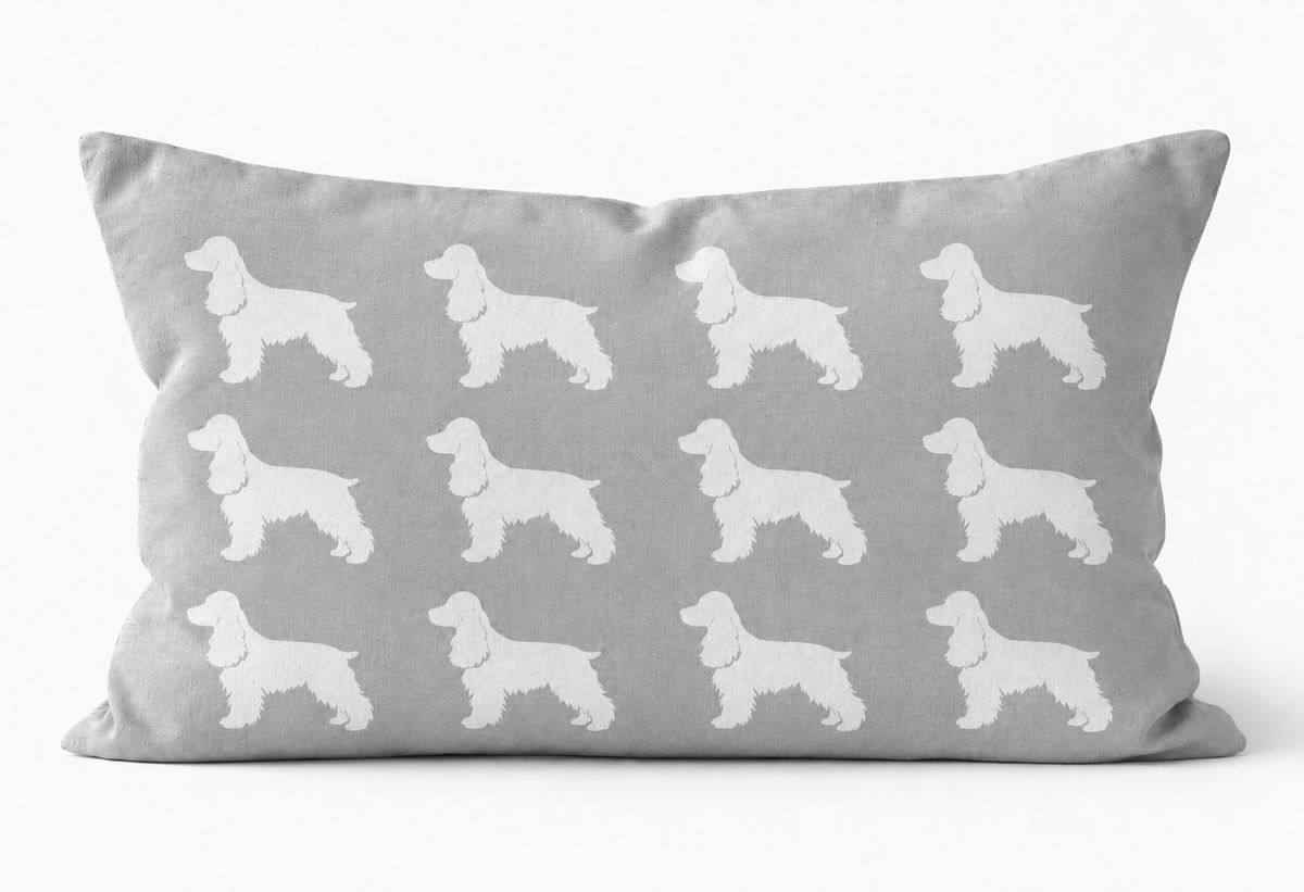 Cocker Spaniel Pattern Linen Cushion Grey