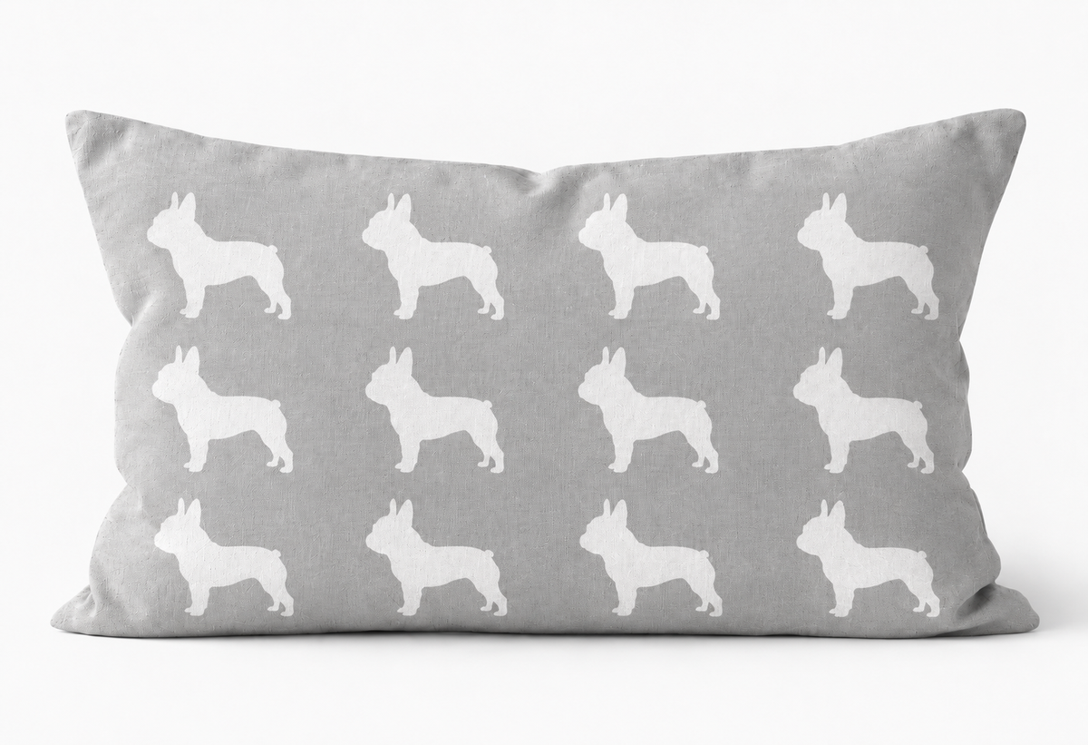 French Bulldog Pattern Linen Cushion Grey