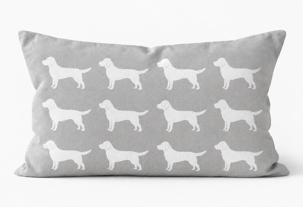 Labrador Pattern Linen Cushion Grey