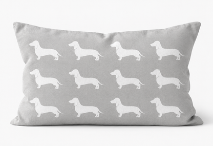 Dachshund Pattern Linen Cushion Grey