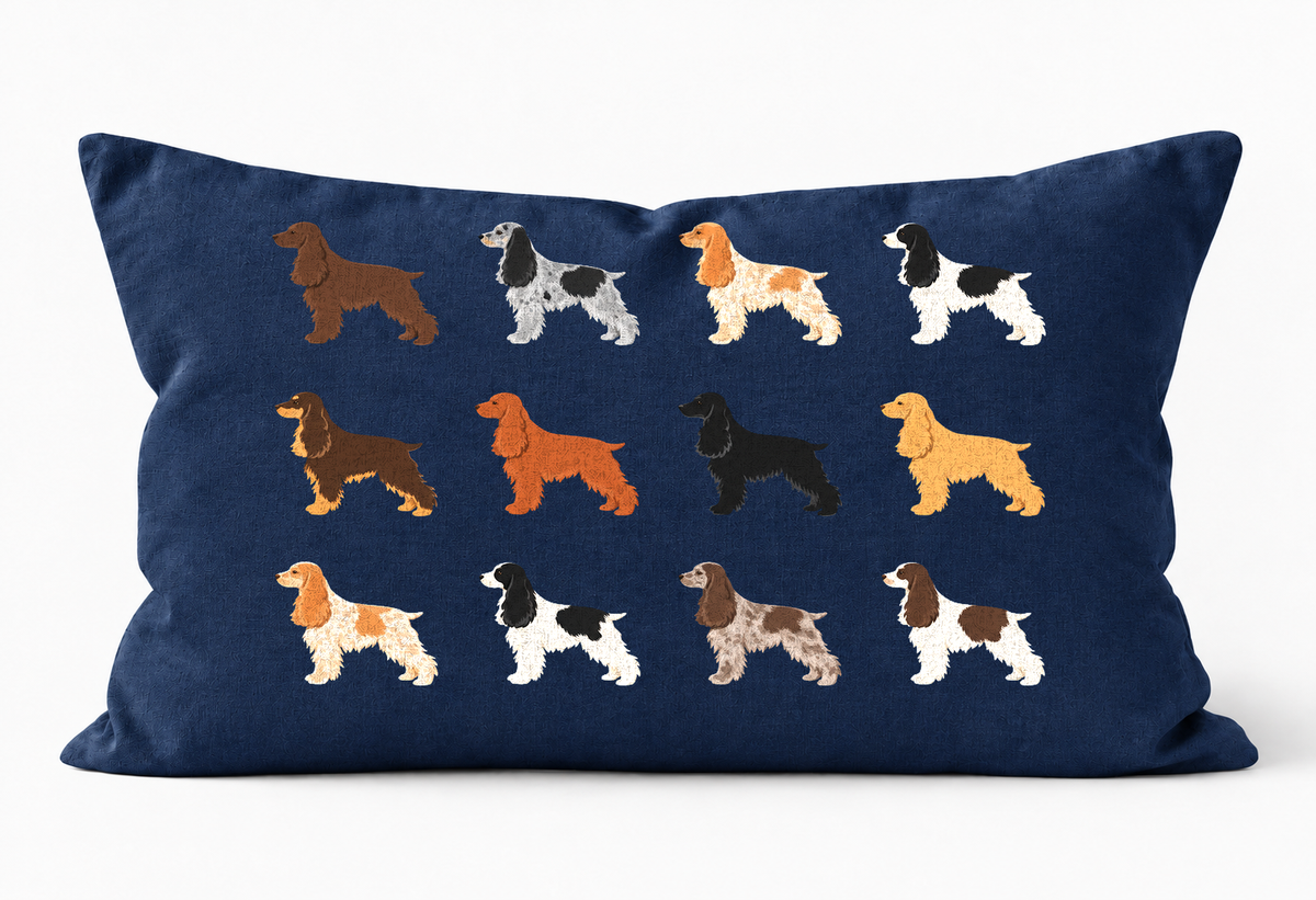 All Types of Cocker Spaniel Pattern Linen Cushion Navy