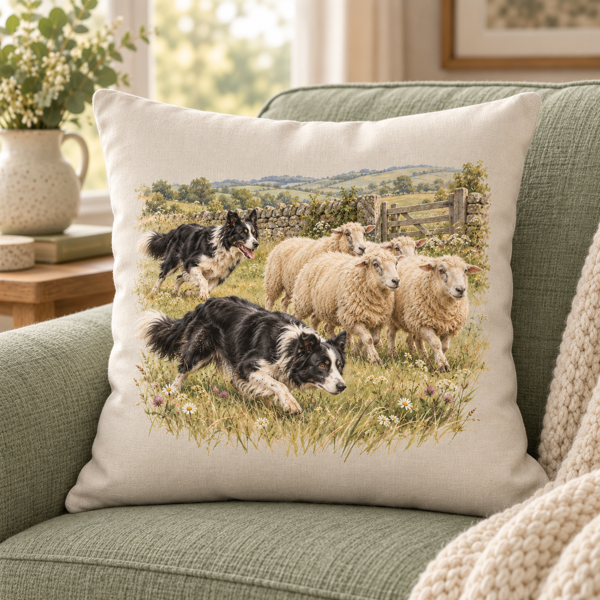 Border Collie Countryside Cushion – Working the Flock