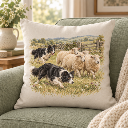Border Collie Countryside Cushion – Working the Flock