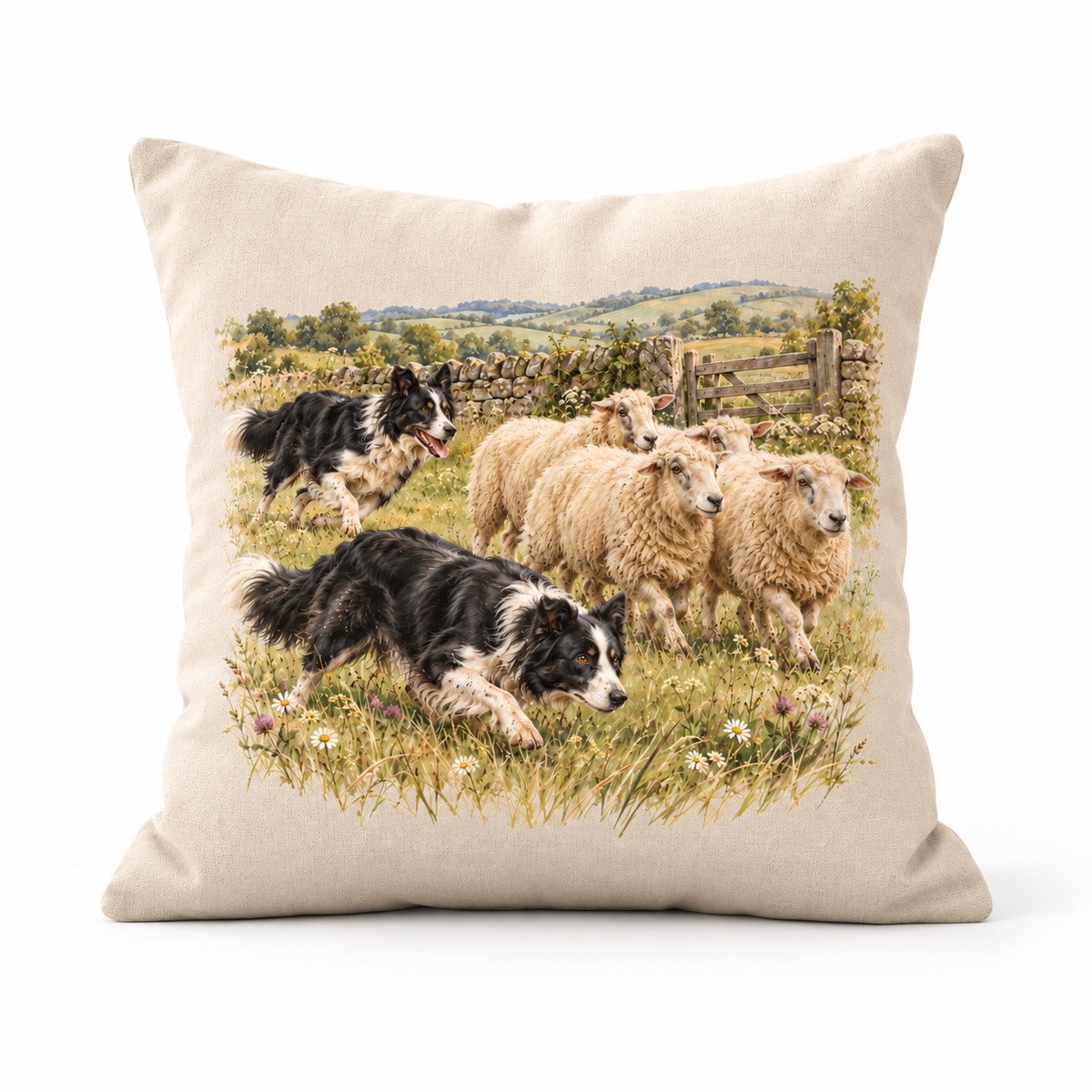 Border Collie Countryside Cushion – Working the Flock