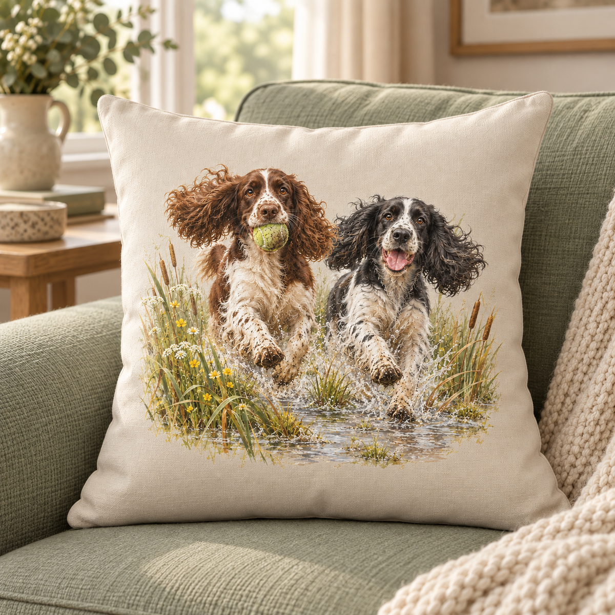 English Springer Spaniel Countryside Cushion – Making a Splash