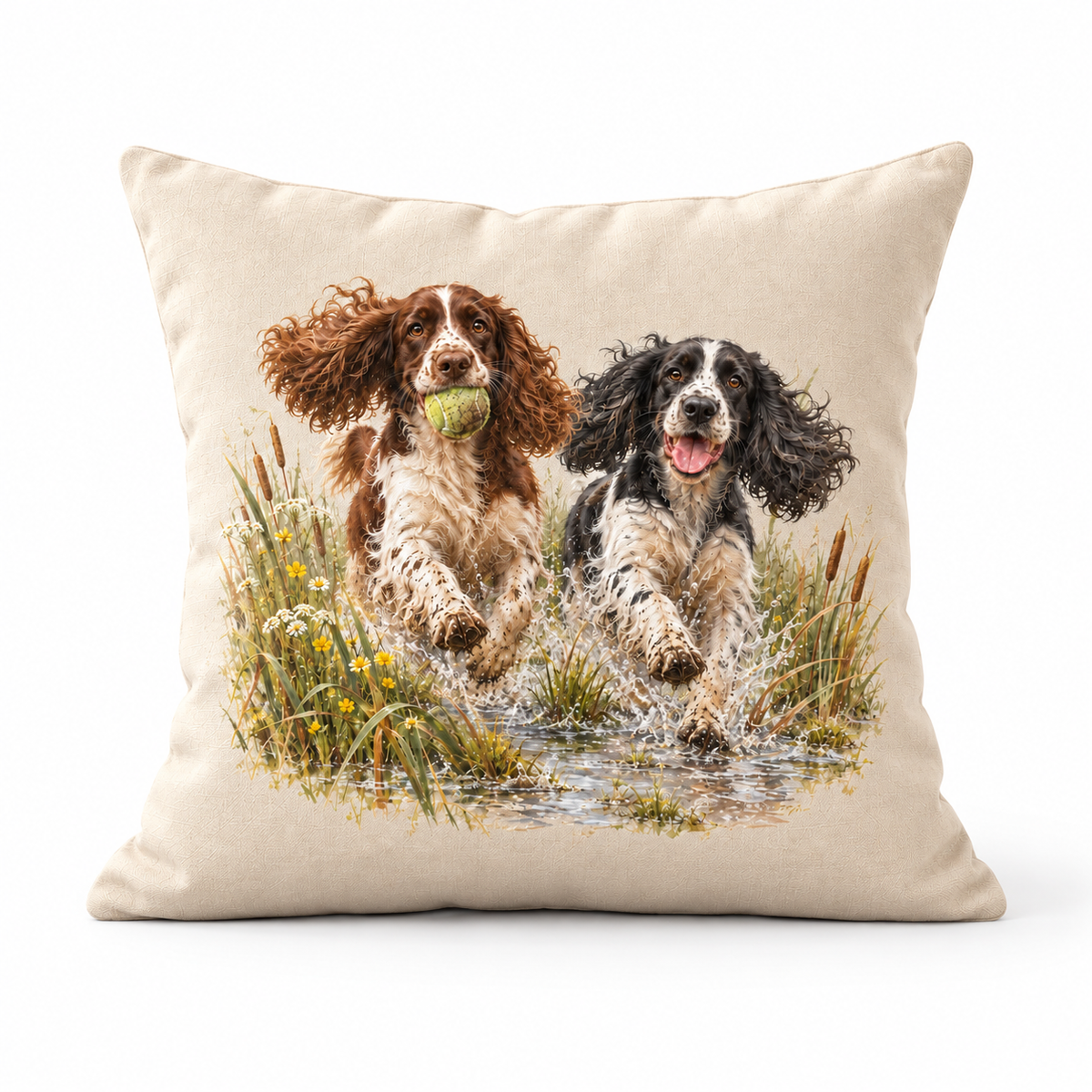 English Springer Spaniel Countryside Cushion – Making a Splash