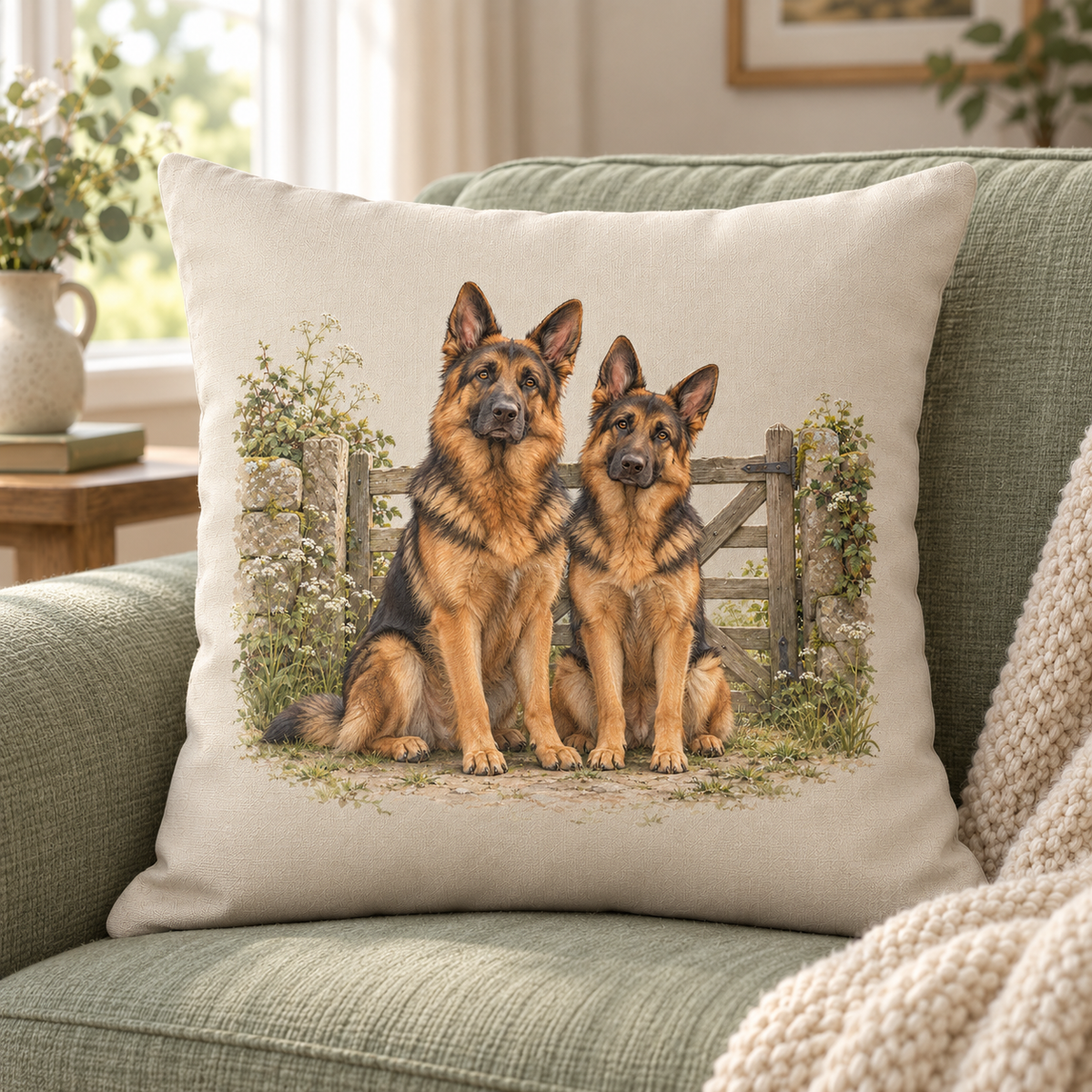 German Shepherd Countryside Cushion – At the Gate
