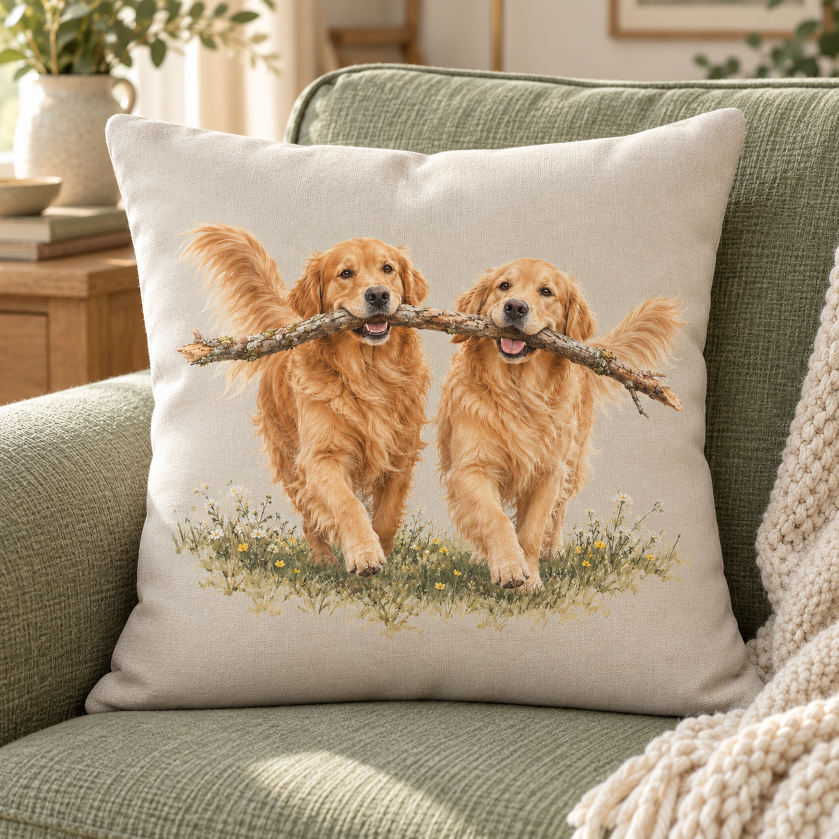 Golden Retriever Countryside Cushion – Stick Together