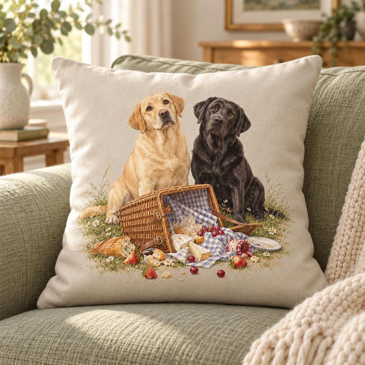 Labrador Retriever Countryside Cushion – Picnic Trouble