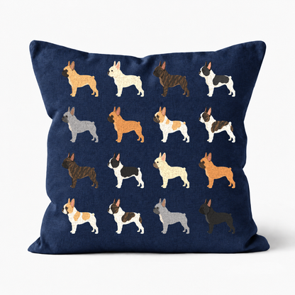 All Types of French Bulldog Pattern Linen Cushion Navy