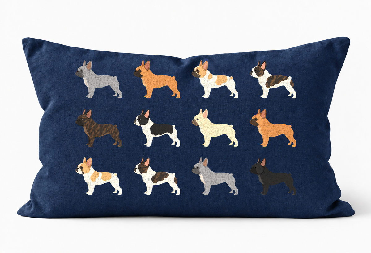 All Types of French Bulldog Pattern Linen Cushion Navy