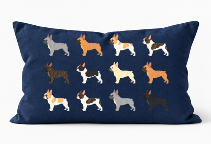 All Types of French Bulldog Pattern Linen Cushion Navy
