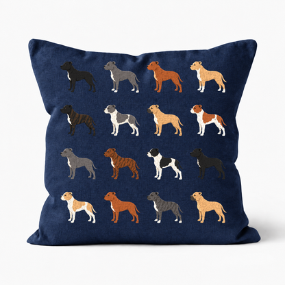 All Types of Staffordshire Bull Terrier Pattern Linen Cushion Navy