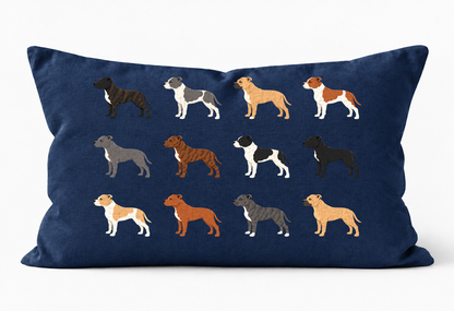 All Types of Staffordshire Bull Terrier Pattern Linen Cushion Navy