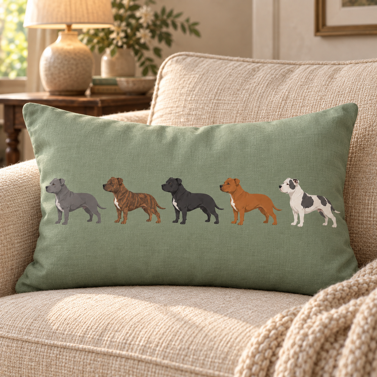The Staffordshire Bull Terrier Line-Up Cushion